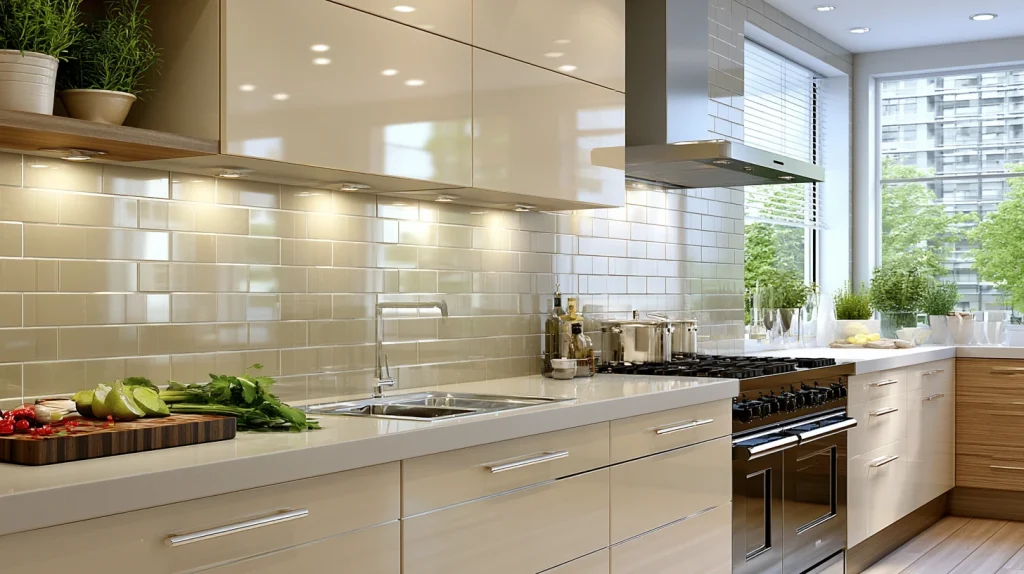 12 Modern Kitchen Backsplash Ideas for Brown Cabinets 13 Glossy Cream Backsplash Soft Modern Finish