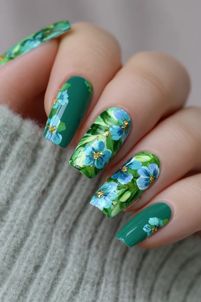 9 Pretty Summer Nails Ideas 2 Green Summer Nail Art with Floral Accents