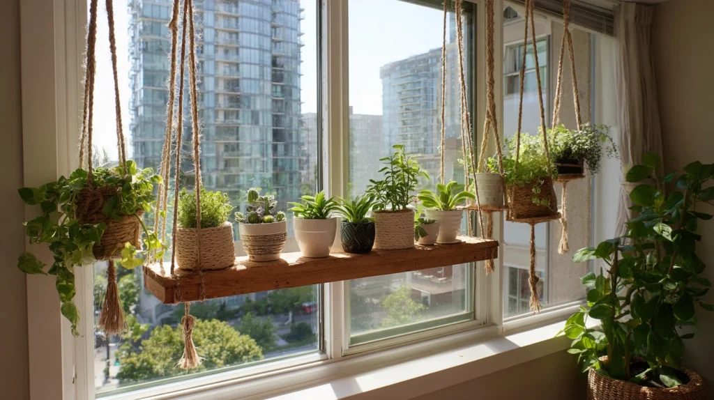 10 Special Hanging Plants Indoor Ideas 7 Install Hanging Window Shelf for Plants in Small Spaces