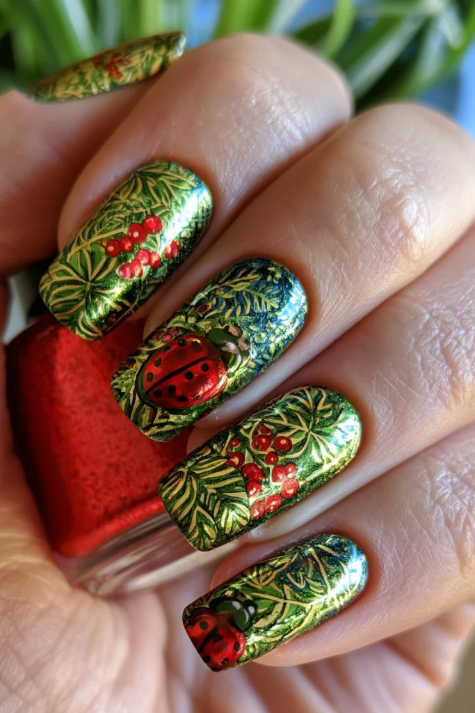 13 Green and Brown Nails Ideas 7 Ladybug Nails with Forest Colors