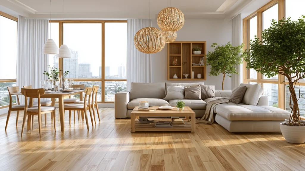 7 Modern Warm Minimalist Living Room Ideas 2 Light Wood Flooring with Soft Neutral Furniture