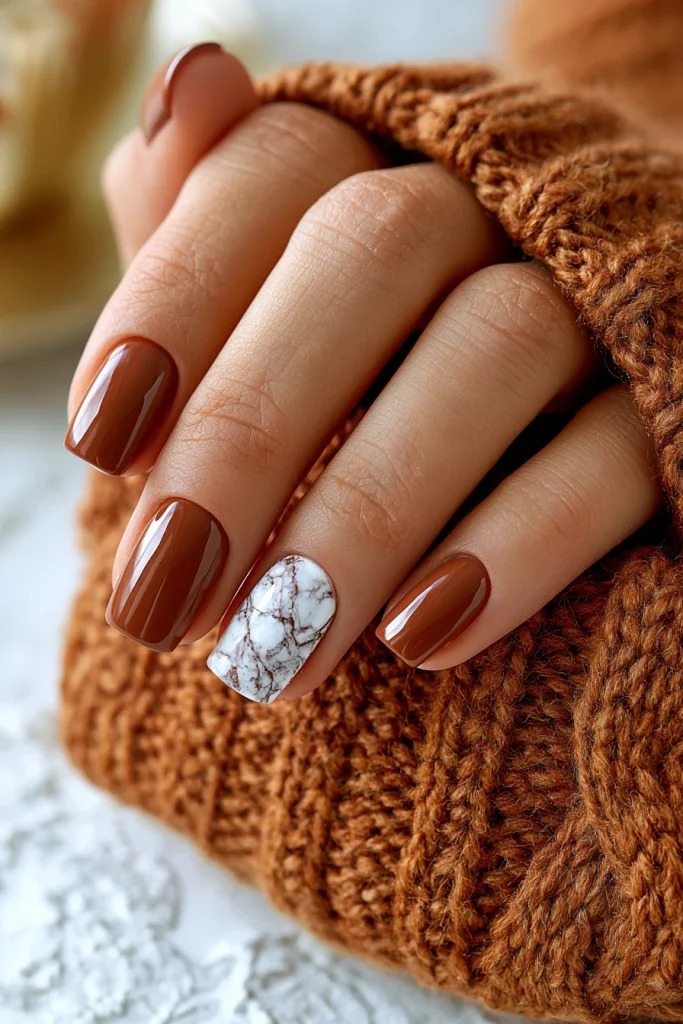9 Brown and White Nails Ideas 5 Manicure Brown with White Marble Effect