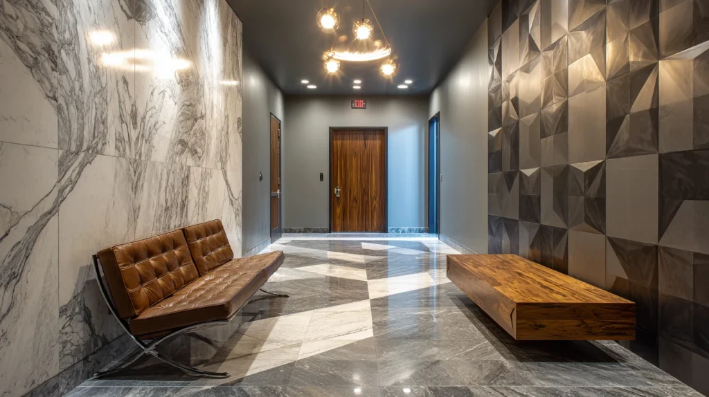 9 Best Office Reception Interior Design Ideas 9 Modern Industrial Office Entrance with Feature Wall