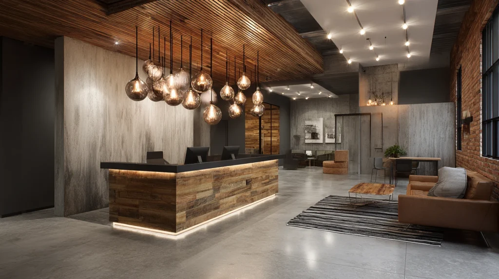 9 Best Office Reception Interior Design Ideas 5 Modern Industrial Office Lobby with Warm Accents