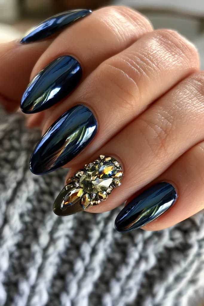 8 Brown and Blue Nails Ideas 8 Navy Blue Chrome with Brown Accents