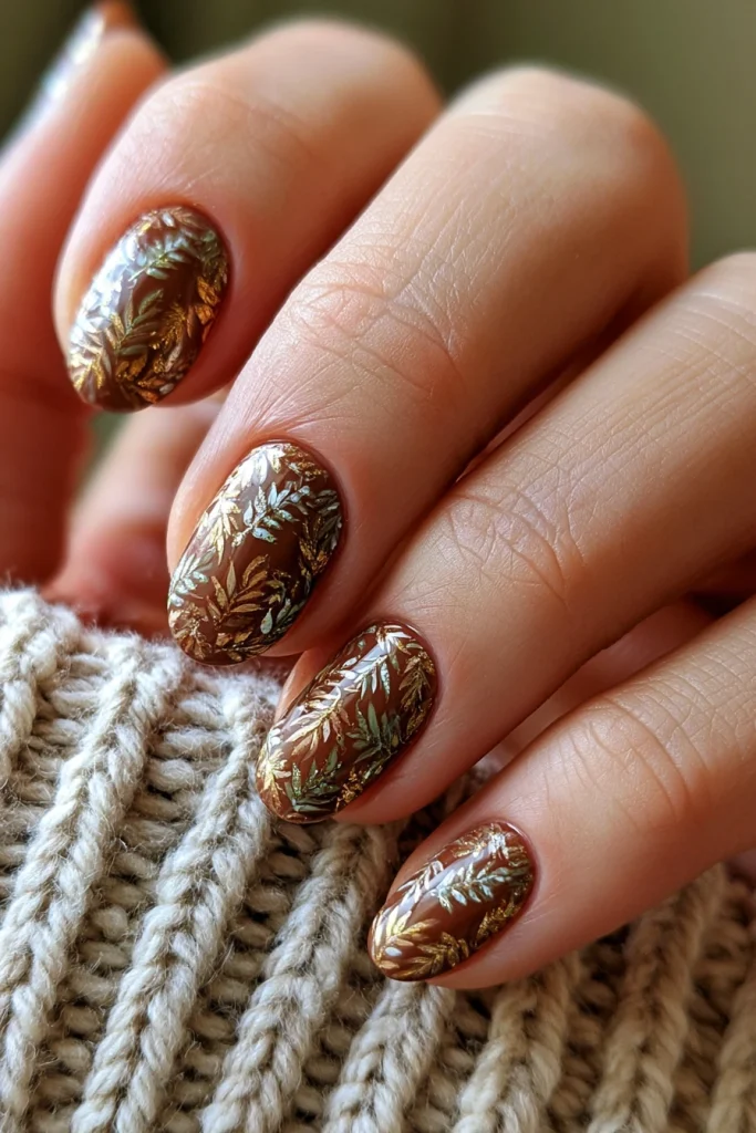 12 Nude Brown Nails Ideas 13 Nude Brown Nails with Tiny Leaf Art