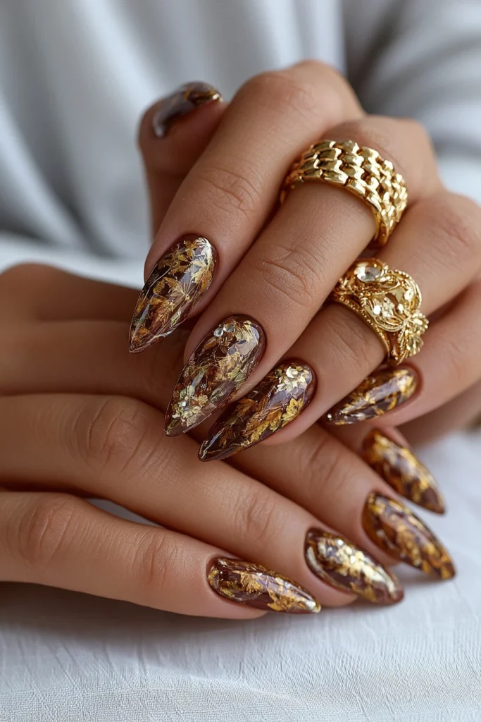 12 Brown and Gold Nails Ideas 13 Nude and Brown Gold Mixed Nail Set