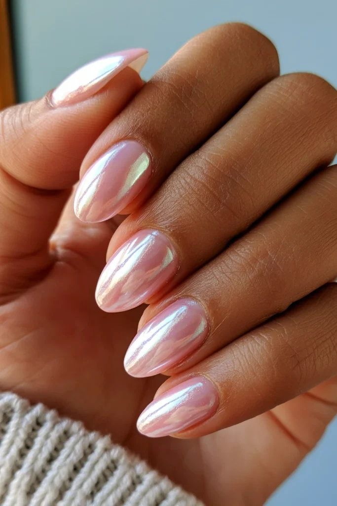9 Glazed Donut Nails Hailey Bieber Pink Ideas 3 Pink Pearl Almond Nails