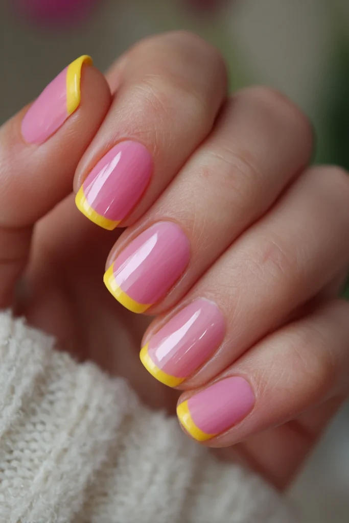 8 Special Summer Nails Inspiration Ideas 3 Pink and Yellow Nails French Tip Design