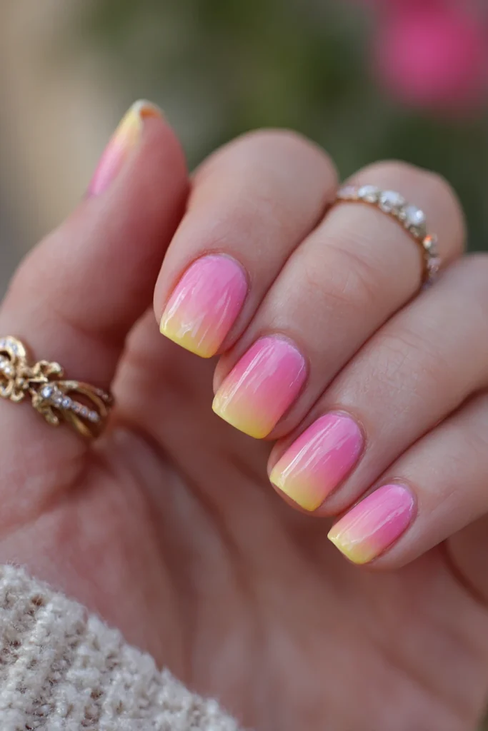 10 Summer Ombre Nails Ideas 9 Pink and Yellow Nails Ombre with Chrome Finish 2