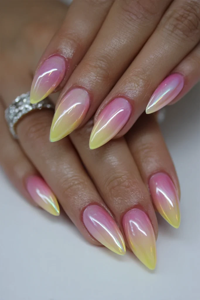 10 Summer Ombre Nails Ideas 8 Pink and Yellow Nails Ombre with Chrome Finish