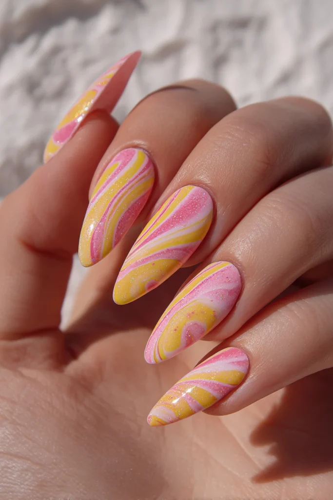 8 Pink and Yellow Summer Nails Ideas 6 Pink and Yellow Swirl Nail Art Aesthetic
