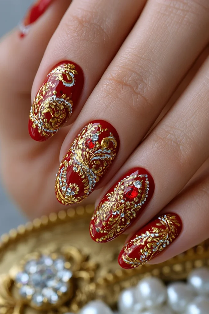8 Red and Gold Nails Ideas 9 Red Gold Nail Art with Rhinestones
