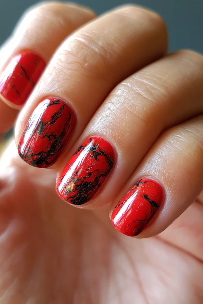 9 Red and Black Nails Ideas 5 Red and Black Marble Nail Art