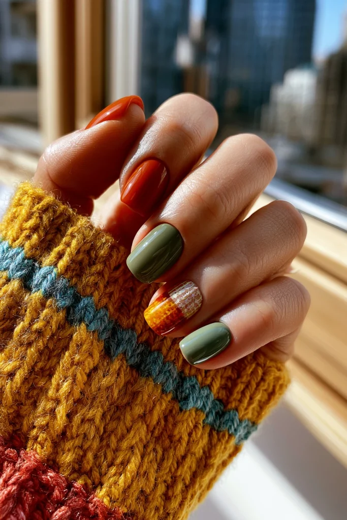 13 Green and Brown Nails Ideas 8 Short Acrylic Nails with Earthy Color Blocks