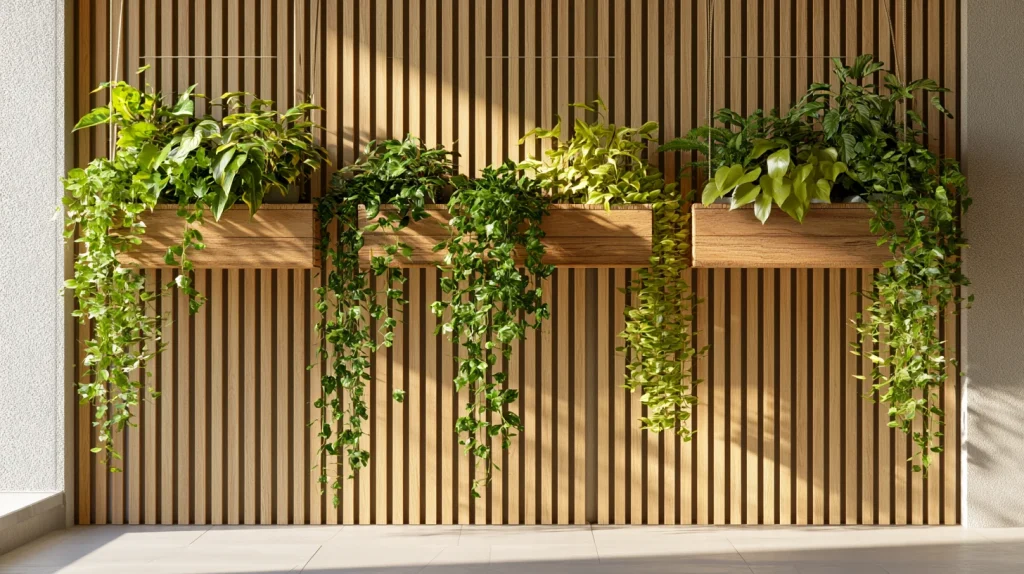 10 Special Artificial Plants Indoor Decor Ideas 7 Slat Wall Plants with Hanging Greenery