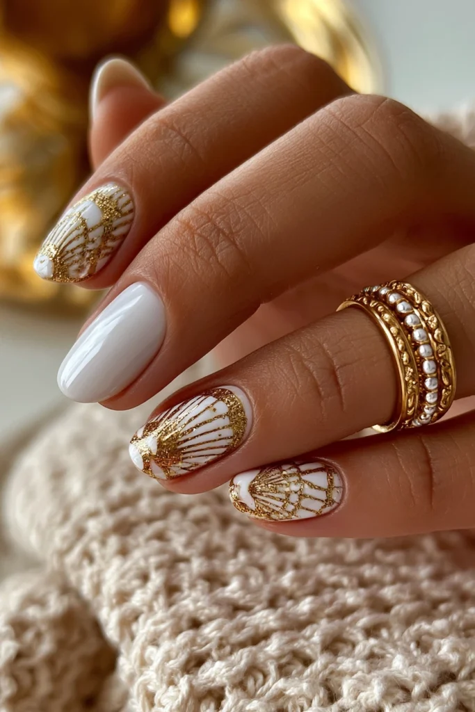 8 Popular Summer Nails Ideas 6 Summer White and Gold Nails for Glam Look