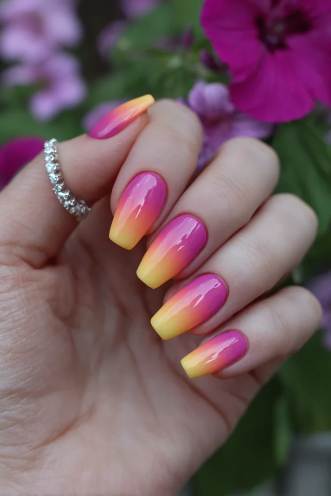 8 Pink and Yellow Summer Nails Ideas 3 Sunset Ombre Pink and Yellow Nails