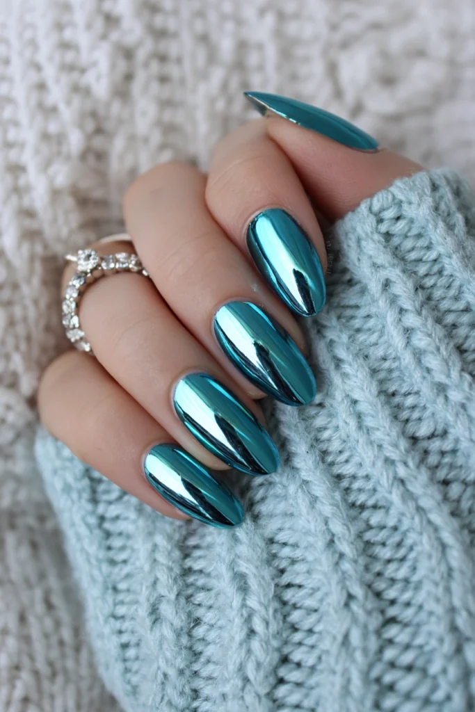 11 Summer Duck Nails Ideas 3 Teal Nails with Chrome Finish