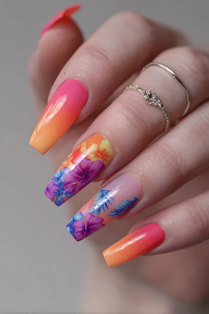 11 Summer Coffin Nails Ideas 2 Tropical Sunset Coffin Nails