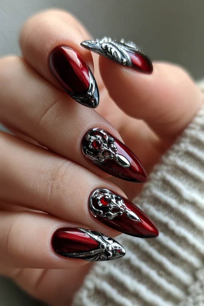10 Red Chrome Nails Ideas 7 Vampire Acrylic Nails with Silver Details