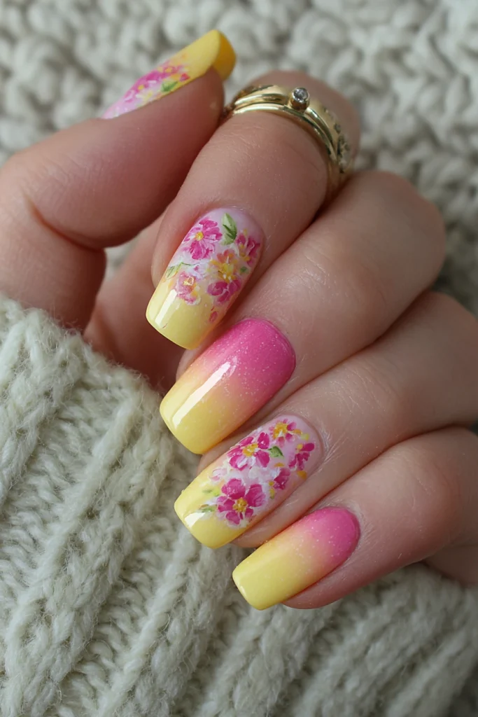10 Summer Ombre Nails Ideas 7 Yellow Pink Ombre with Floral Details