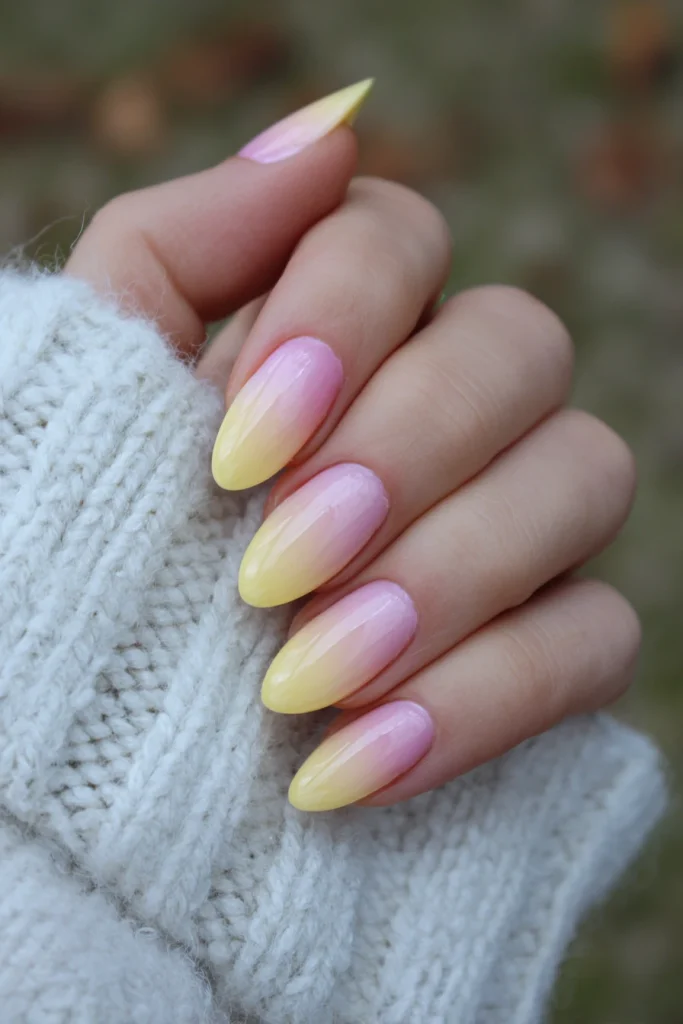 10 Summer Ombre Nails Ideas 4 Yellow to Pink Ombre Nails Almond Shape