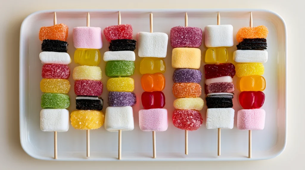 Candy Kabobs Recipe - Fun Colorful Party Dessert for Kids 11 Candy Kabobs