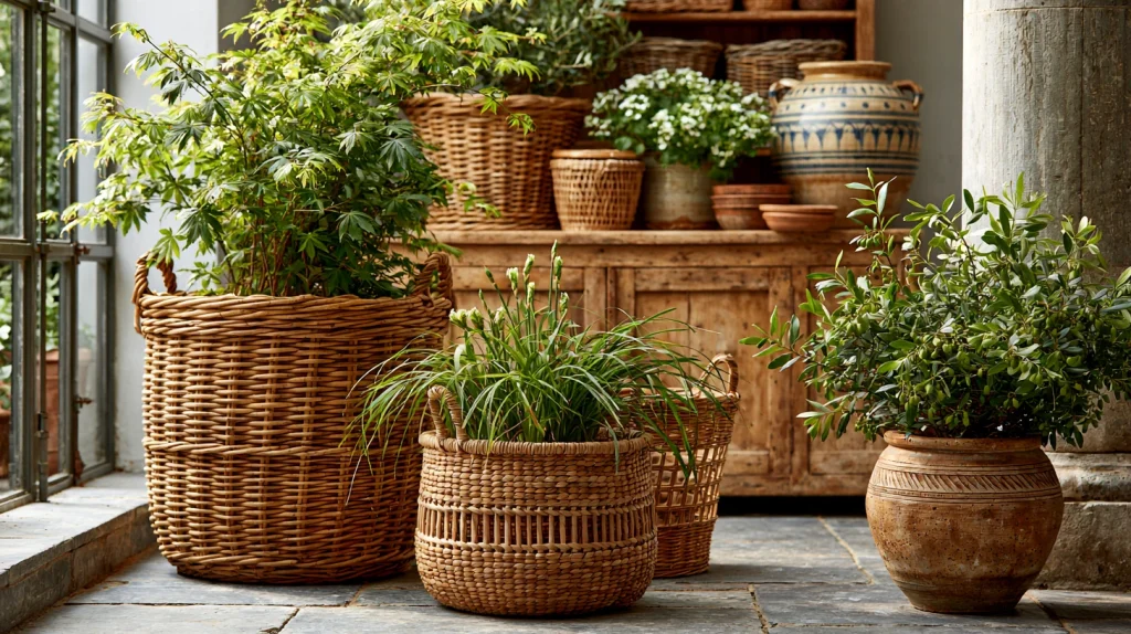 9 Popular Plant Stand Indoor Ideas 9 Add Woven Baskets and Ceramic Pots