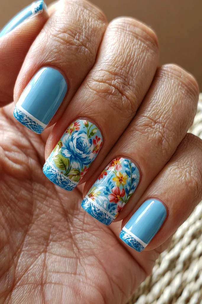 10 Blue French Tip Nails Ideas 8 Blue French Tips with Floral Accent Nails