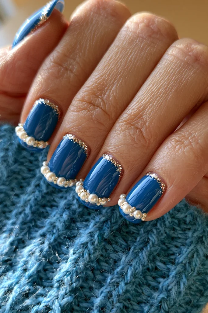 10 Blue French Tip Nails Ideas 11 Blue French Tips with Tiny Pearls