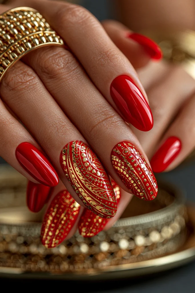 9 Bright Red Nails Ideas 5 Bright Red Acrylic Nails with Gold Details