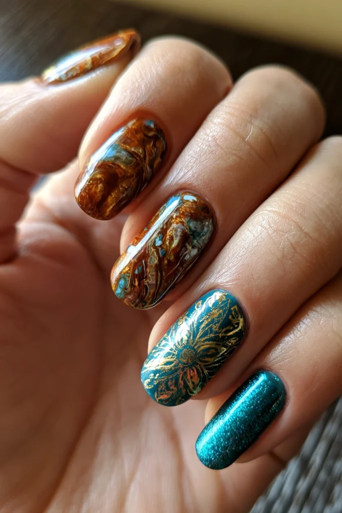 8 Teal and Brown Nails Ideas 3 Brown Marble with Teal Accents