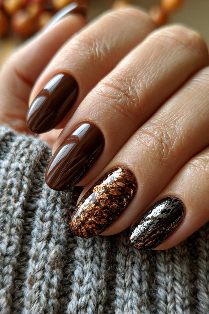 9 Black and Brown Nails Ideas 6 Brown Nails with Black Metallic Accents