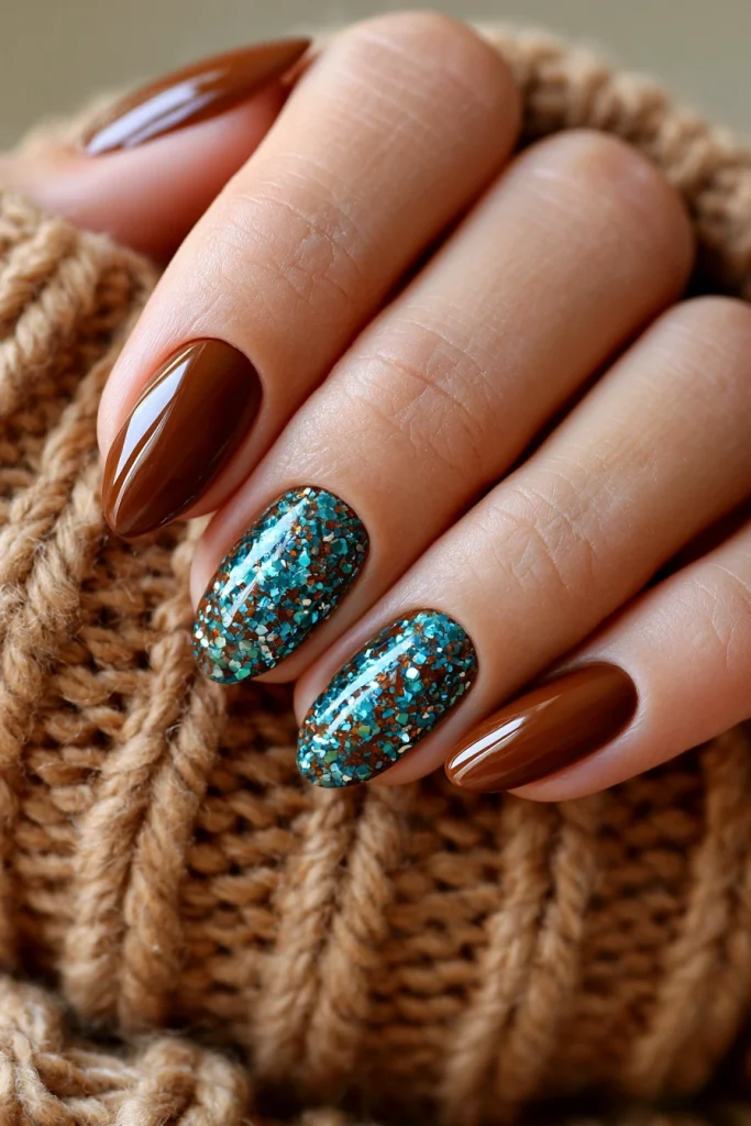 8 Teal and Brown Nails Ideas 7 Brown Nails with Teal Glitter Accents