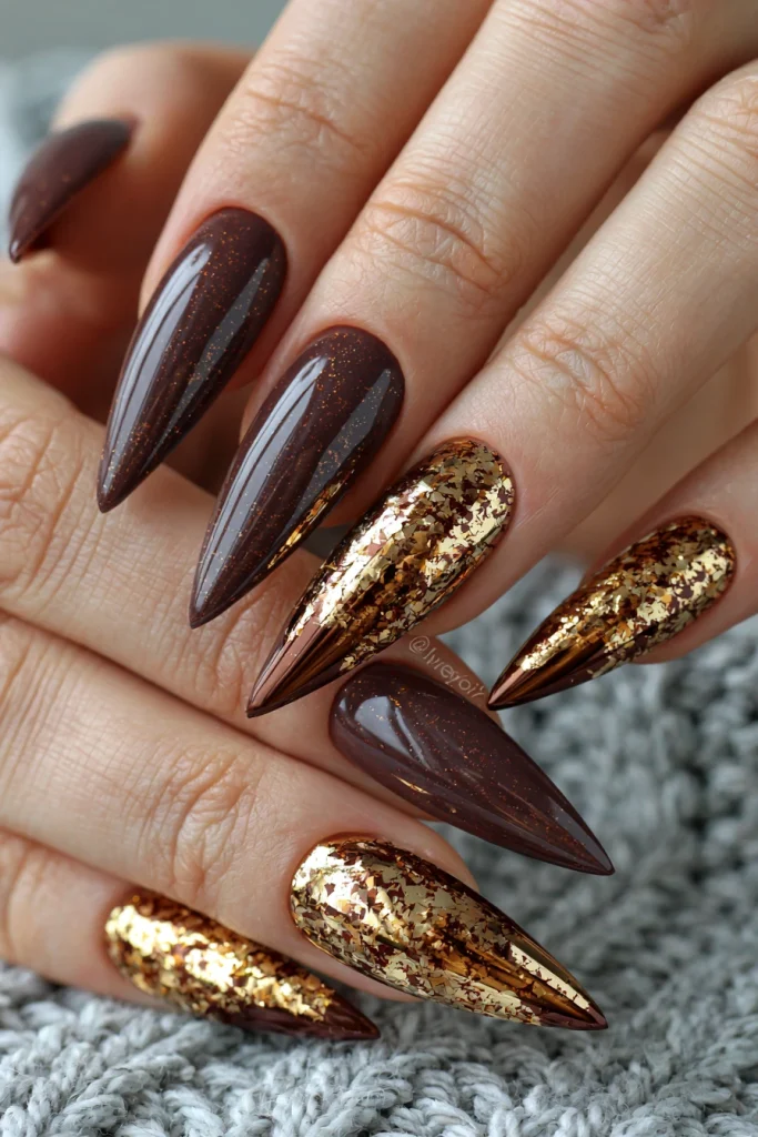 8 Brown Stiletto Nails Ideas 3 Brown Stiletto Nails with Gold Chrome