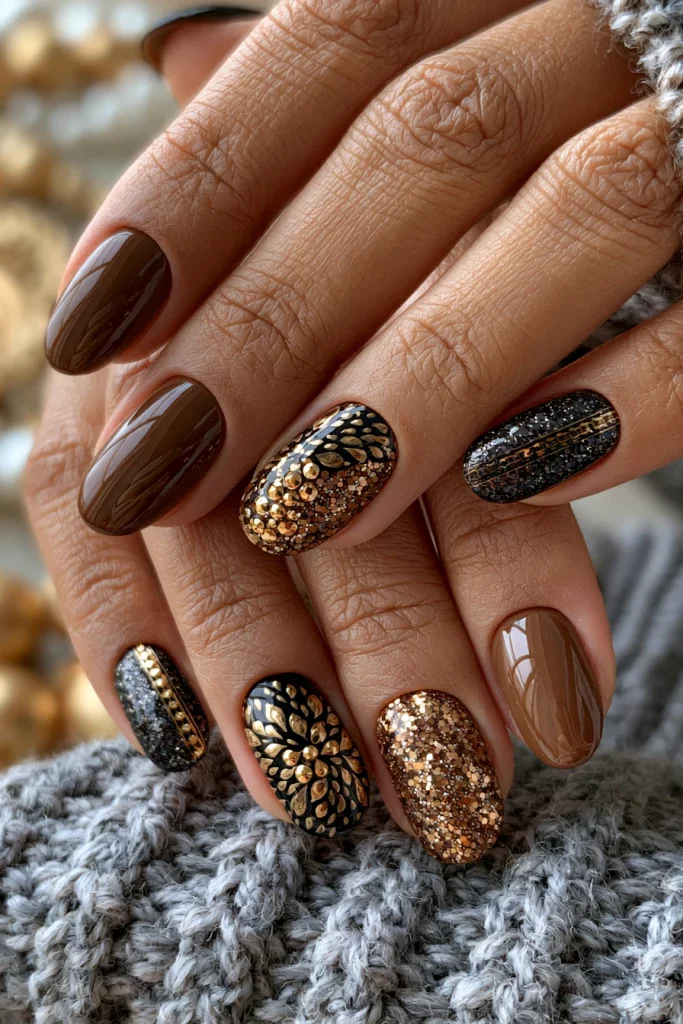 9 Black and Brown Nails Ideas 10 Brown and Black Nails with Gold Details
