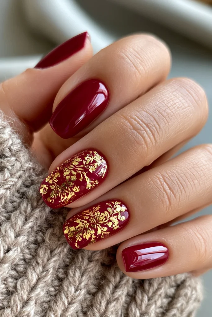 10 Deep Red Nails Ideas 7 Burgundy Nails with Gold Foil