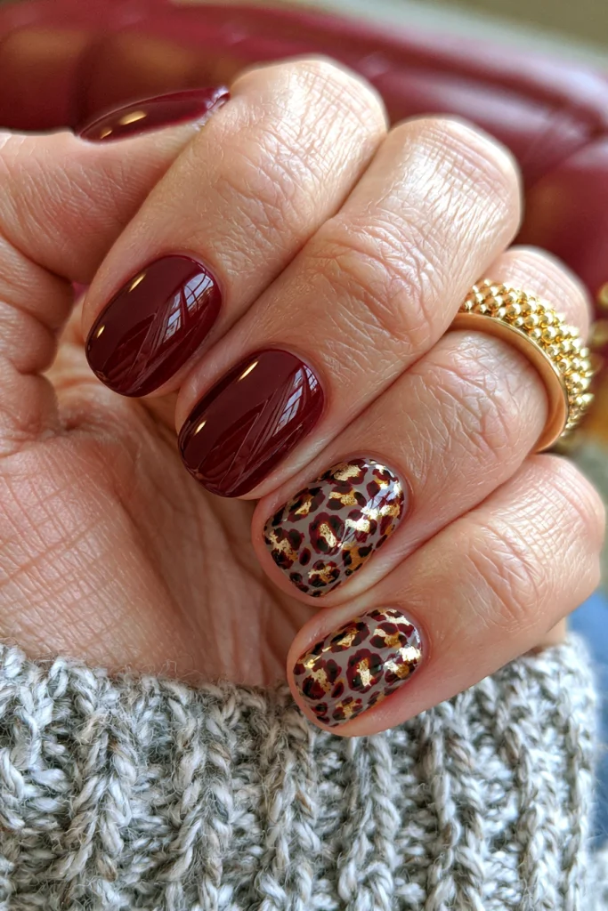8 Red Burgundy Nails Ideas 7 Burgundy Nails with Leopard Accent Art