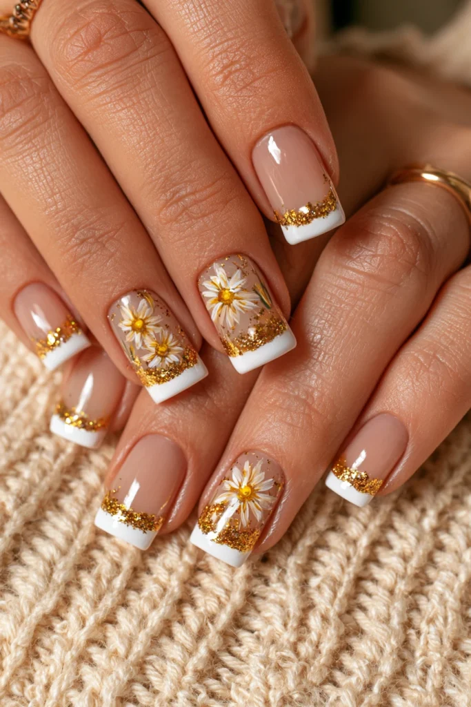 8 Flower French Tip Nails Ideas 2 Classic White French Tips with Daisies