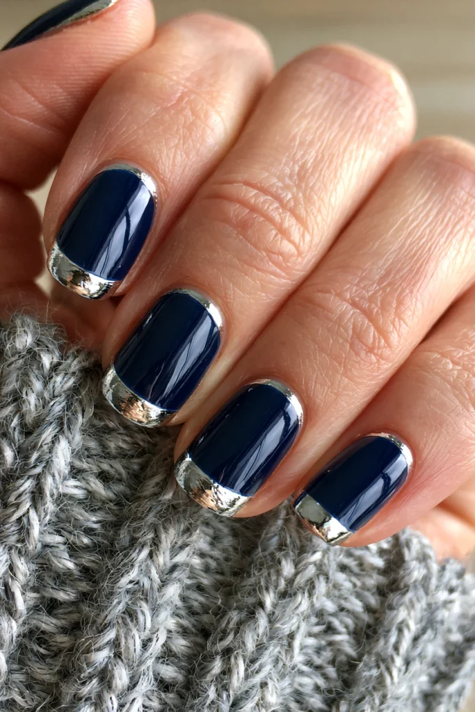10 Blue French Tip Nails Ideas 9 Dark Blue French Tips with Chrome Accents