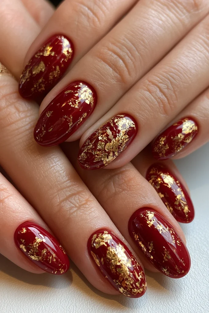 10 Famous Red Gel Nails Ideas 10 Dark Red Gel Nails with Gold Foil