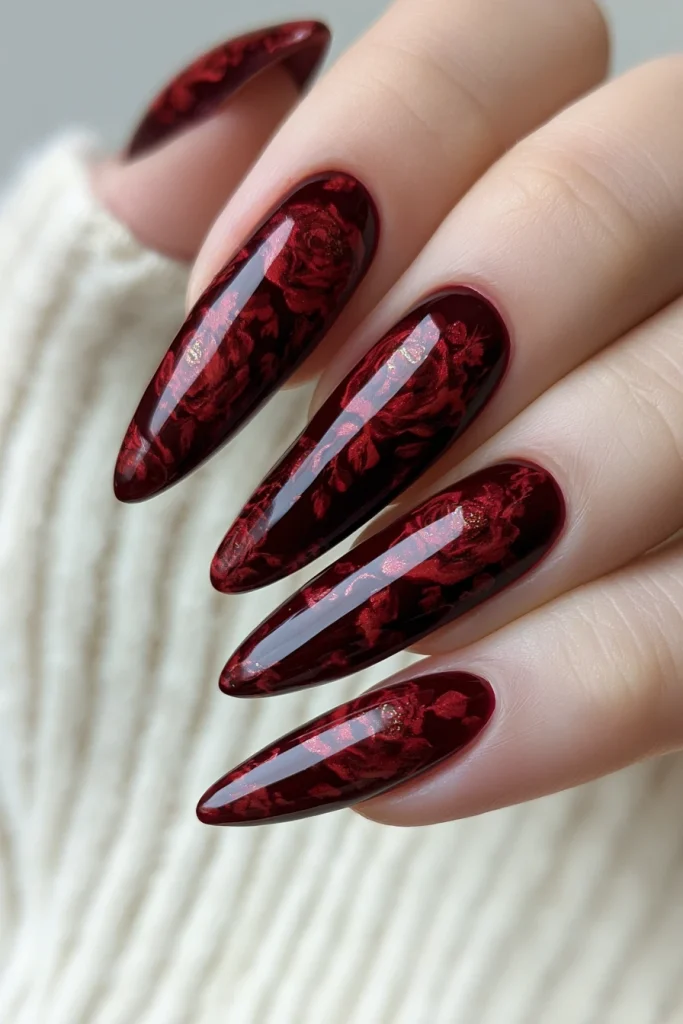 9 Red Glass Nails Ideas 4 Dark Red Rose Glass Nails