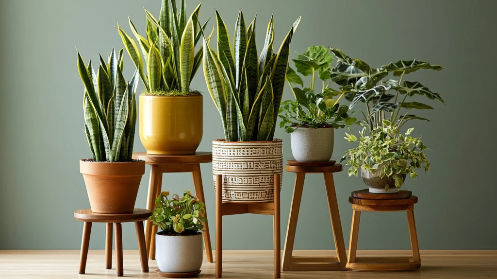 9 Exclusive Snake Plant Indoor Ideas 4 Display Snake Plants on Wooden Plant Stands