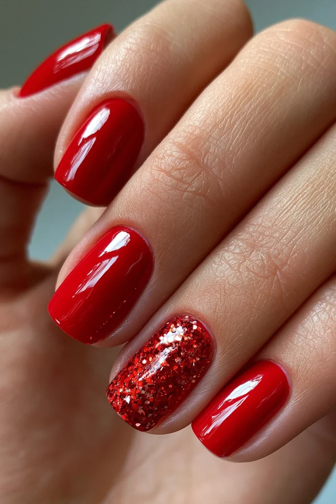 10 Ferrari Red Nails Ideas 7 Ferrari Red Glitter Accent Nails