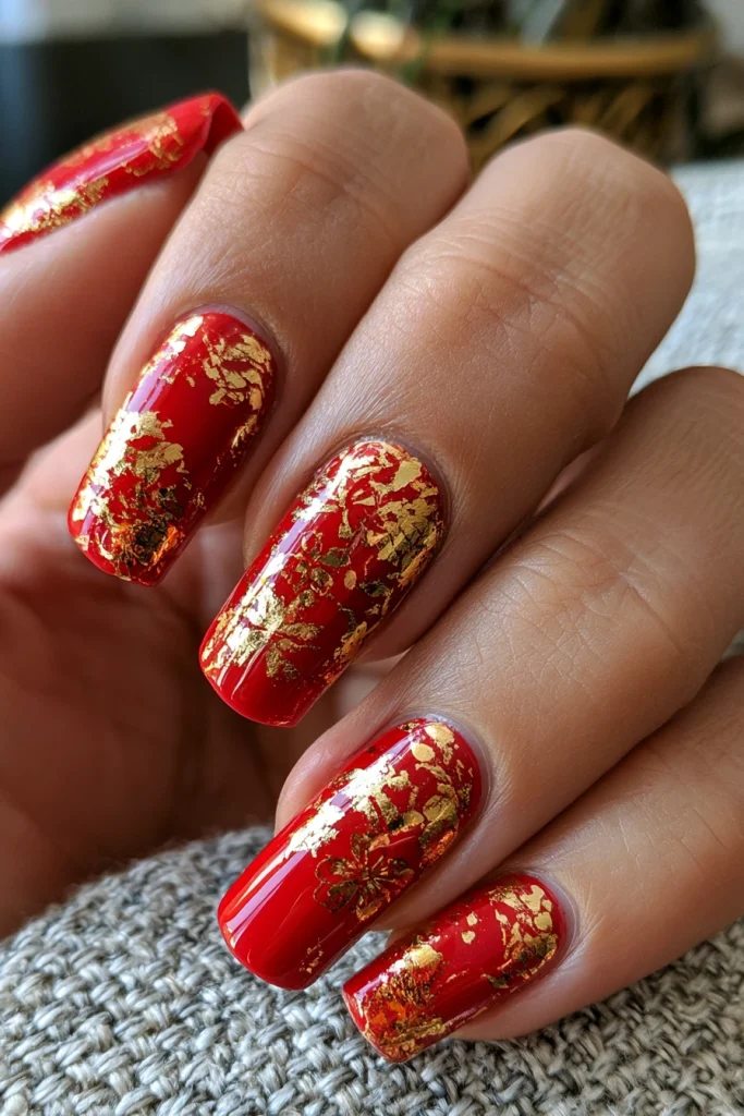 10 Ferrari Red Nails Ideas 6 Ferrari Red with Gold Foil