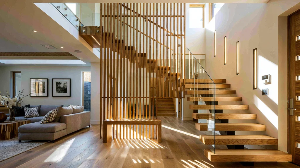 10 Gorgeous Floating Stairs Ideas 8 Floating Stairs with a Vertical Wood Slat Divider