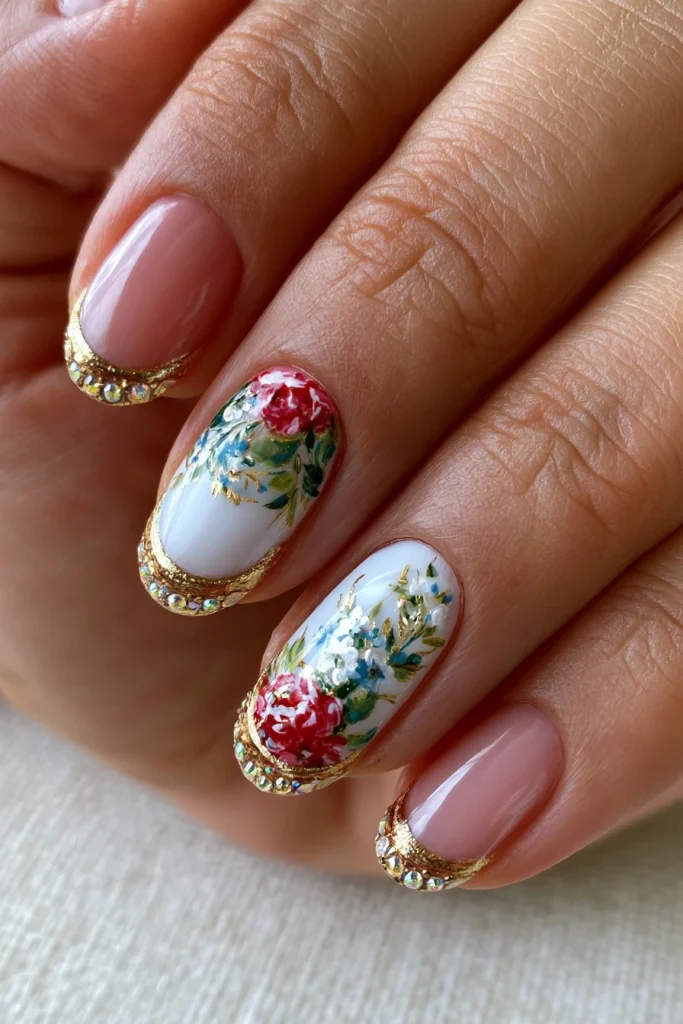 9 Oval French Tip Nails Ideas 8 Floral Oval French Tips