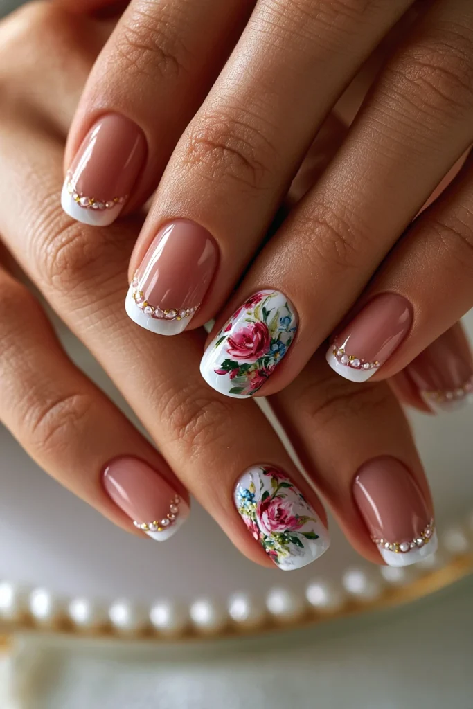 8 Pearl French Tip Nails Ideas 6 Floral Pearl French Nails