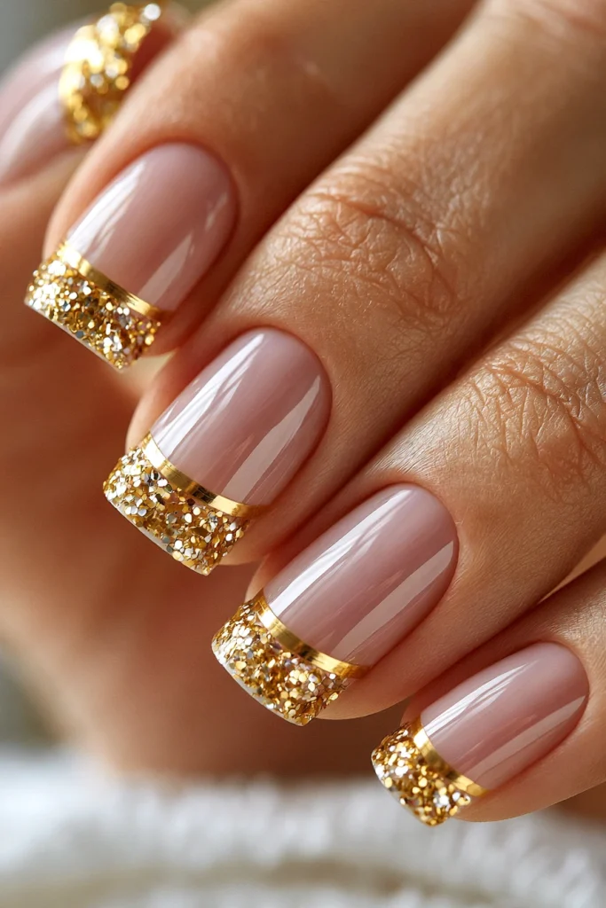 8 Almond French Tip Nails Ideas 5 Glitter Gold French Tips
